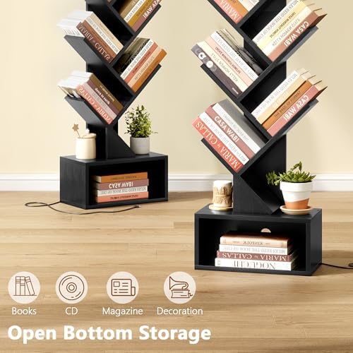 Hoctieon 6 Tier Tree Bookshelf, Tall Bookcase with Drawer, Freestanding Book Shelf with LED Lights, Display Floor Standi