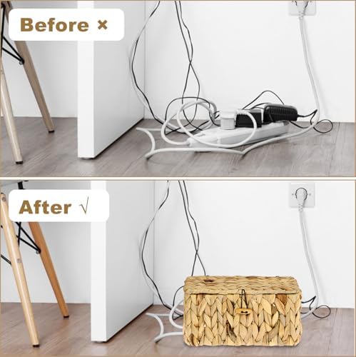BTSKY Woven Cable Management Box with Lid Water Hyacinth Cord Organizer, S