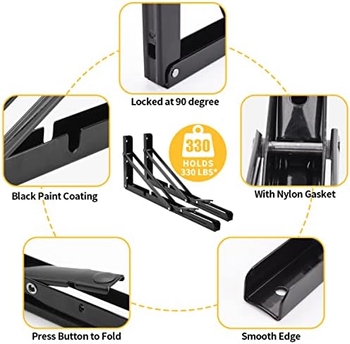YUMORE 12 Inch Folding Shelf Bracket, Heavy Duty L Bracket, Black, 2 Pack