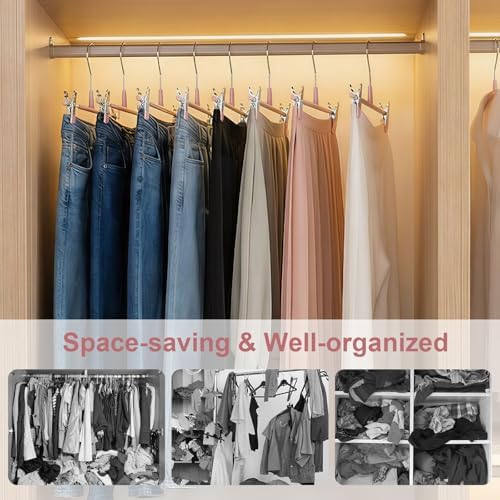 POZEAN Pants Hangers with Clips for Women 50 Pack, 12Inch Adjustable Heavy Duty Skirt Hangers, Space Saving Non-Slip Shorts Jeans Trousers Clothes Hangers, Pink