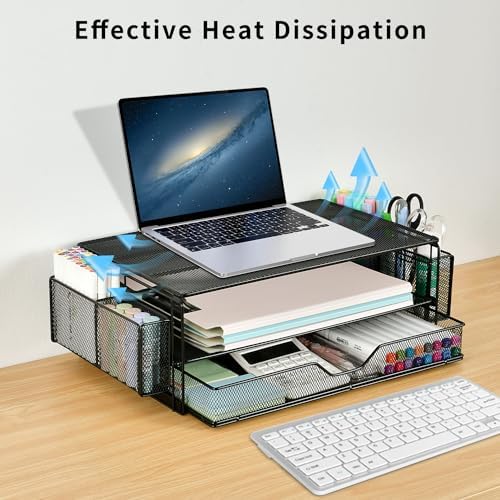 AUPSEN 2 Tier Computer Monitor Stands with Drawer and 2 Pencil Holder, Metal Monitor Stand Monitor riser, Computer Desk 