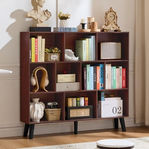 LEYAOYAO 10 Cube Bookshelf, Mid-Century Modern Book Shelf with Legs, Walnut