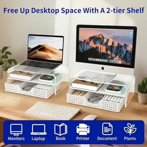 OPNICE Desk Organizer and Accessories, 2-Tier Computer Monitor Stand Riser with Drawer and 2 Pen Holders, Laptop Stand, 