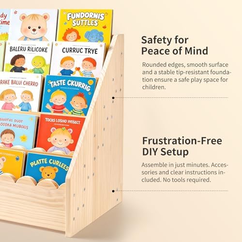 5 Tier Scalloped Bookshelf for Kids, Montessori Bookcase, Natural