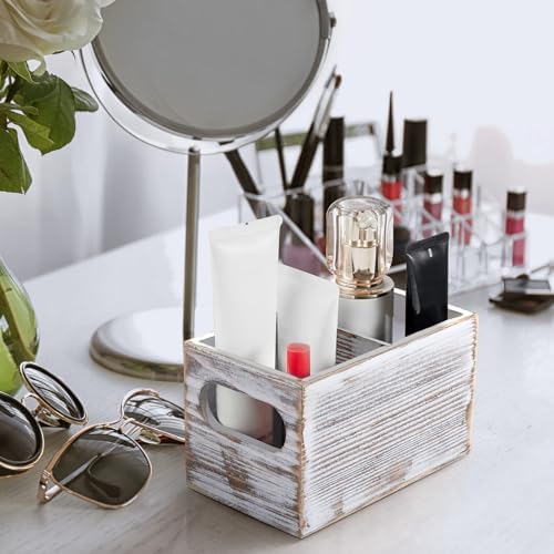 DRASTAR Remote Control Holder, Retro White TV Remote Holder, Remote Organizer Caddy for Table, Wooden Remote Box for Nightstand, Remote Caddy with 2 Slots