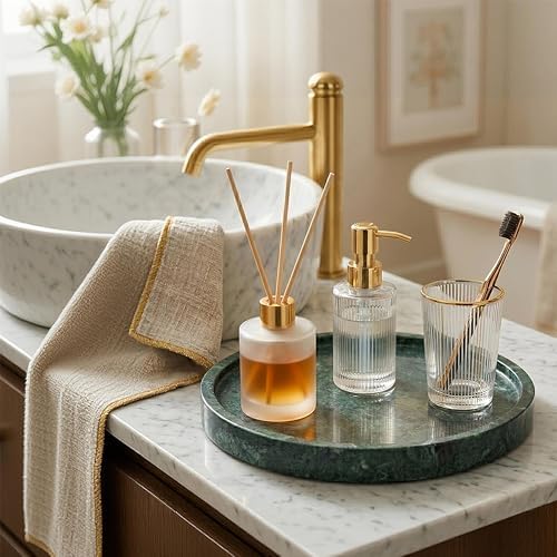 Natural Marble Decorative Tray for Bathroom Bedroom Kitchen, Large 10.6" Round Vanity Trays for Jewelry, Perfume, Cosmet