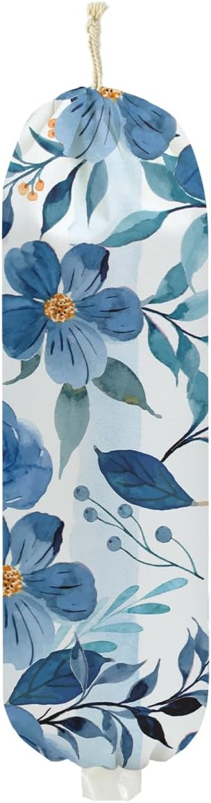 Flower Plastic Bag Holder, Grocery Bag Holder for Plastic Bags, Flower Gift | Blue Floral Wall Mount Washable Grocery Bags Storage Dispenser for Home Kitchen Pantry Decor, Flower Gifts for Women