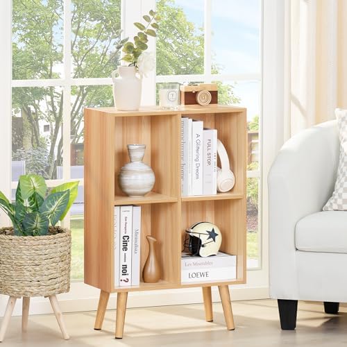 LEYAOYAO 4 Cube Bookshelf, 2-Tier Bookcase with Legs, Natural Kids Book Shelf Cute Storage Organizer, Free Standing Open