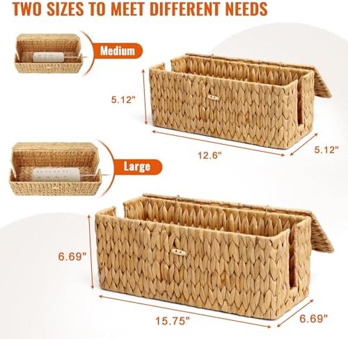 Posprica Cable Management Box with Lid, 2Pack Handwoven Real Water Hyacinth Cord Hider Organizer Boxes, 2 Side Open Slot