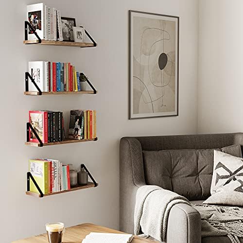 Wallniture Ponza Floating Shelves Wall Mounted Set of 4, Wall Shelves for Bedroom, Bathroom, Living Room, Kitchen, Natur