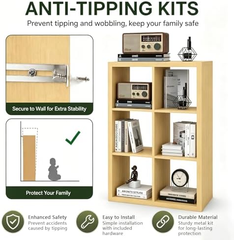 CTESNE【2026 Wooden Thick Frame 6 Cube Storage Organizer Shelf with Anti-Tipping Kits + Reversible Open Back Bookcase, Ho