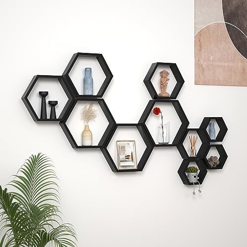 WONFUlity Hexagon Floating Shelves Honeycomb Wall Mounted Wood Farmhouse Storage for Bathroom, Kitchen, Bedroom, Living 