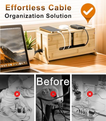 TiMOVO Wood Cable Management Box with Removable Magnetic Lid & Support Legs