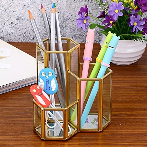 Hipiwe 3 Slots Glass Makeup Brush Holder - Gold Desktop Pen/Pencil Holder