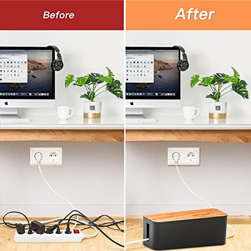 Cable Management Box 2 Pack with 16 Cable Clips Set-Large & Medium & Small Wooden Style Cable Organizer Box to Hide Wire