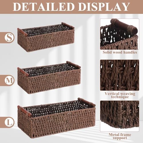 Boao 3 Pcs Boho Storage Wicker Baskets Handmade Woven Decorative Paper Rope Baskets for Organizing with Handle Counterto