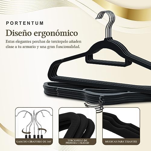 PORTENTUM Velvet Hangers, Pack of 10, Black, Accessory Holder, 360º Hook, Space Saving, Notches for Dresses, Non-Slip Hangers, for All Types of Clothes, Made in Spain