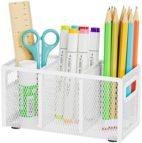Marbrasse Mesh Pen Holder for Desk, Pencil Holder Desk Organizer 3 Adjustable Compartments, Pencil Cup with Handle Perfect for Classroom, Office, Home, Makeup, Art (White)