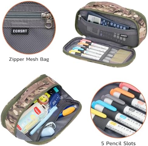 ECHSRT Large Tactical Pencil Case, 3-Compartment Zipper Pouch, Camo Green
