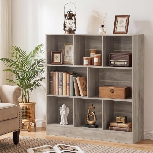 YAHARBO 3 Tier 8 Cube Horizontal Bookshelf, Low Bookcase for Sleves,Grey