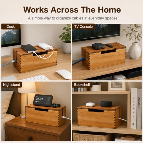 Acacia Wood Cable Management Box,Office Under Desk Cable Storage Box for Wire, Cord Hider Organizer for Power Strip, Ele