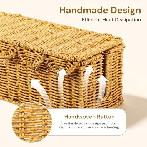 Scalloped Edge Cable Management Box, Handmade Rattan Cord Organizer