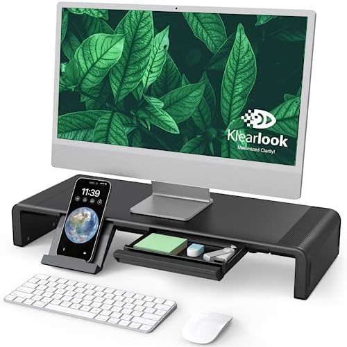 Klearlook Computer Monitor Stand for Desk, Adjustable Foldable Monitor Riser with Storage Drawer & Tablet Phone Holder f
