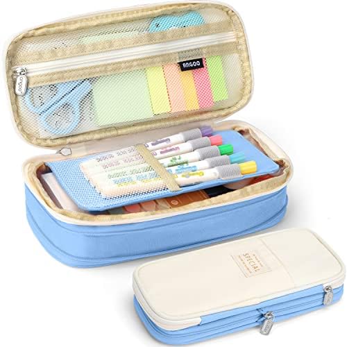 KPX Big Capacity Pencil Pen Case Bag with Zipper Office College School Storage Large Capacity Bag Pouch Holder Box Organizer Colorful (Light Blue)