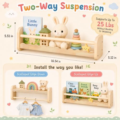 JOLLITO 4-Pack Natural Wood Nursery Floating Shelves with Hanging Rod