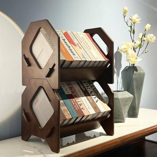 2 Pack Desktop Bookshelf, Stackable Book Organizer with Handle, storage rack for CD/Magazine/File Folder, Portable Small