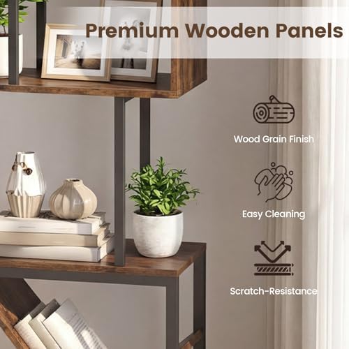 Tangkula 6-Tier Bookshelf, Floor Standing S-Shaped Geometric Bookcase with Open Shelves, Industrial Tree Display Rack St