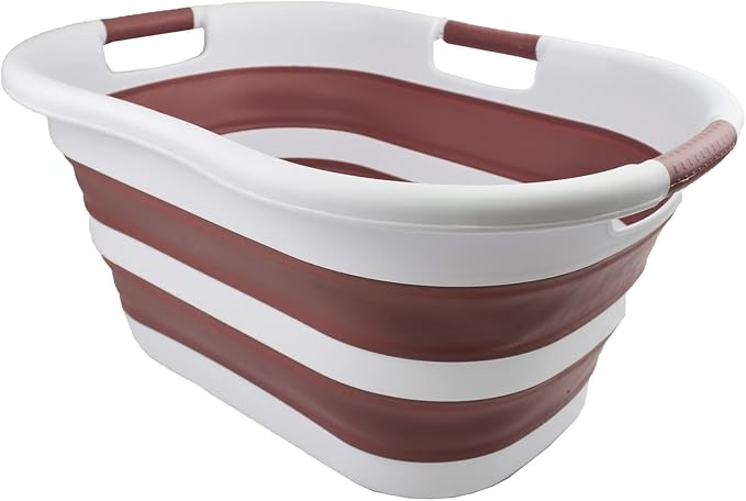 SAMMART 40L (10.5 gallon) Collapsible Plastic Laundry Basket - Foldable Pop Up Storage Container/Organizer - Portable Washing Tub - Space Saving Hamper/Basket (1, White/Dusky Pink)