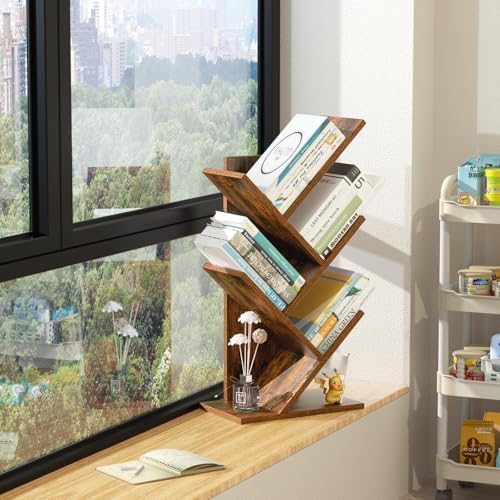 SHEEPAM Small Tree Book Shelf,5 Tier Bookshelf, Wood Desktop Bookcase