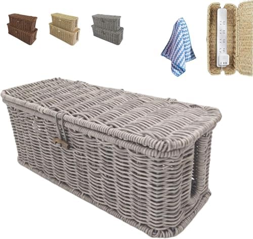Handwoven Rattan Cable Management Box - Decorative Cord Organizer with Safety Lock, Large Boho Style Wire Hider for Desk