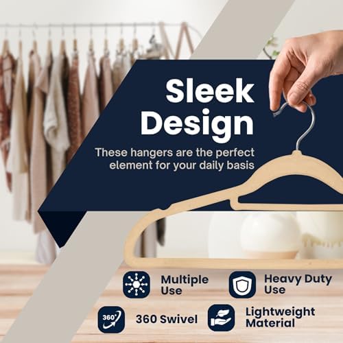 Velvet Hangers 20 Pack - Non-Slip Clothes Hangers with 360° Swivel Hook & Tie Organisers, Slim, Space-Saving Closet Hangers for Coats, Suits & Dresses - Wardrobe Organiser (Taupe)