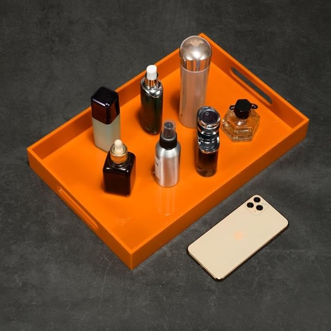 KEVLANG Orange Sturdy Acrylic Serving Tray with Handles-10x15Inch-Serving Coffee,Food,Breakfast,Butler-Kitchen Countertop Tray-Makeup Drawer Organizer-Vanity Table,Ottoman Tray-Decorative Tray