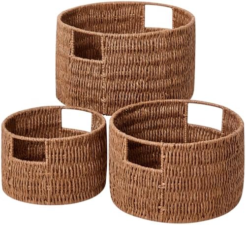 Vagusicc Wicker Storage Basket, Hand-Woven Paper Rope Large Round Woven Basket With Handles, Wicker Baskets for Organizing/Storage, Brown, 3-Pack