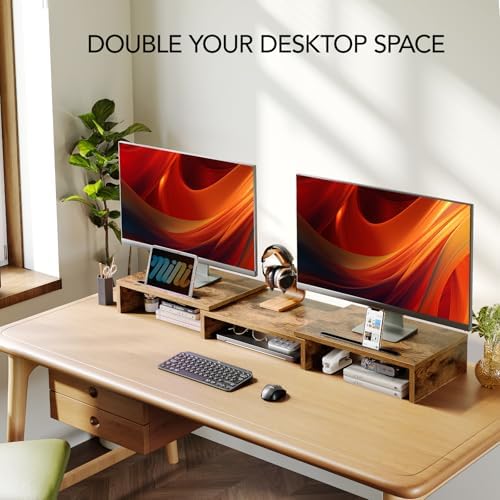 AMERIERGO Dual Monitor Stand Riser- 3 Shelf Screen Stand with Adjustable Length and Angle, 2 Extra Functional Slot Deskt