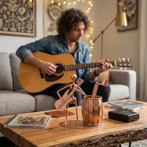 MyGift Pen Holder for Desk, Decorative Pencil Cup with Guitar Design, Accessories & Decor for Men, Gunmetal Gray Metal Desk