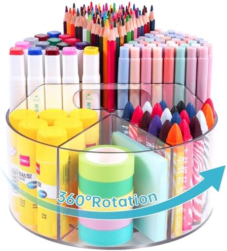 Large Acrylic Pen Holder for Desk, 6 Slots 360-Degree Rotating Pencil Holder Marker Organizer for Kids, Caddy Art Supply Organizer Crayon Organizers for Office School