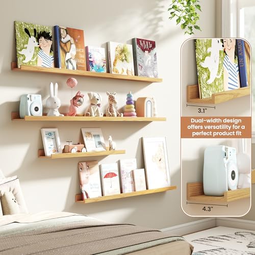 Fun Memories Picture Ledge Shelves Set of 4, 36 Inch Rustic Wall Mounted Floating Shelves with Lip for Home Storage and 