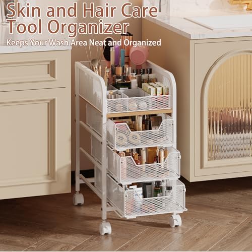 Rolling Makeup Cart Organizer with 3 Drawers, 4-Tier Narrow Floor Skincare Organizers with dividers, Vanity Organizer Co