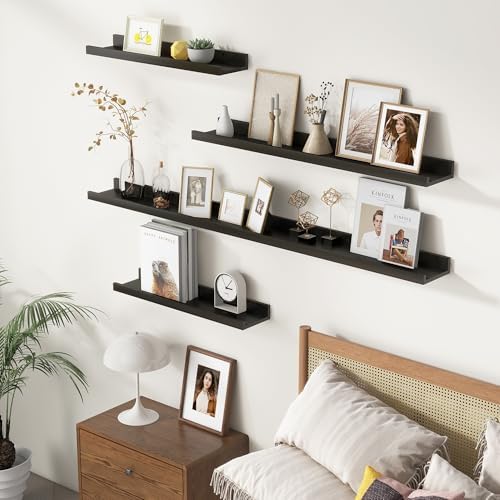 FLYJOE Picture Ledge Wall Shelves 48 inches Width Set of 3, Solid Pine Wood Rustic Floating Ledge Shelves for Wall for Kids' Room Bedroom Kitchen Bathroom Long Floating Shelves for Wall Decor, Black