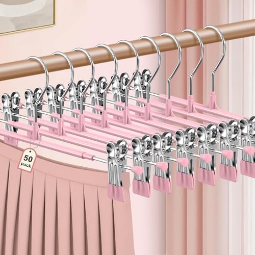 POZEAN Pants Hangers with Clips for Women 50 Pack, 12Inch Adjustable Heavy Duty Skirt Hangers, Space Saving Non-Slip Shorts Jeans Trousers Clothes Hangers, Pink
