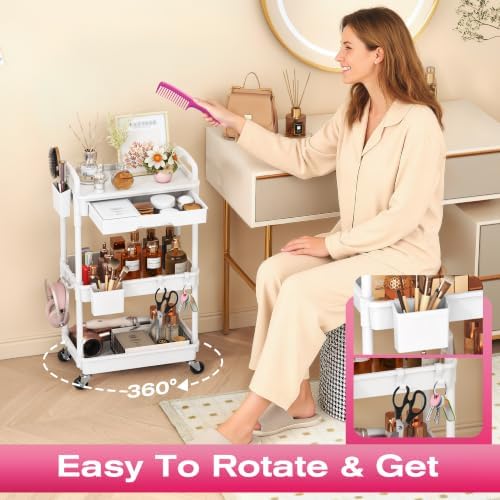 Goovilla Rolling Makeup Organizer Cart with Removable Drawer, 3 Tier White