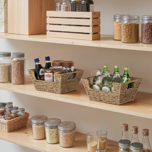 StorageWorks Wicker Storage Baskets for Shelves, Pantry Baskets, Seagrass