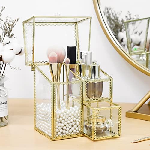 HKS Vintage Makeup Organizer Gold Glass Brush Holder with Lid Storage Dustproof Cosmetics Case with Pearls for Vanity De