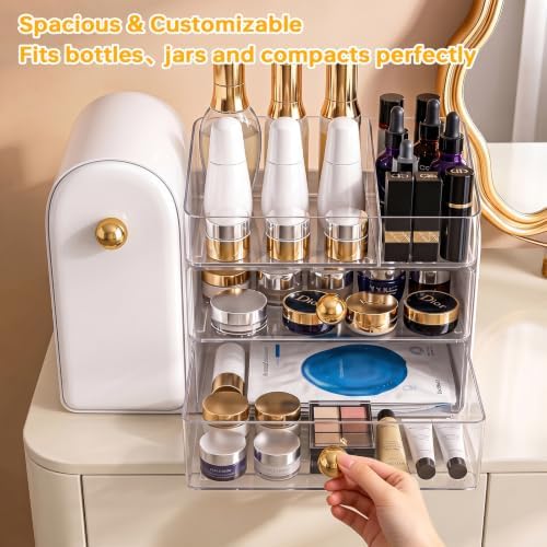 Makeup Organizer for Vanity: Skincare Organizers with Drawers & Brush Holder - Cosmetic Display Case Skincare Storage Bo