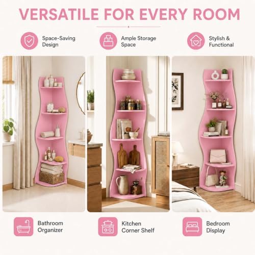 HRVEOCEI 5-Tier Wavy Corner Shelf with Curvy Shape for Small Space, Pink