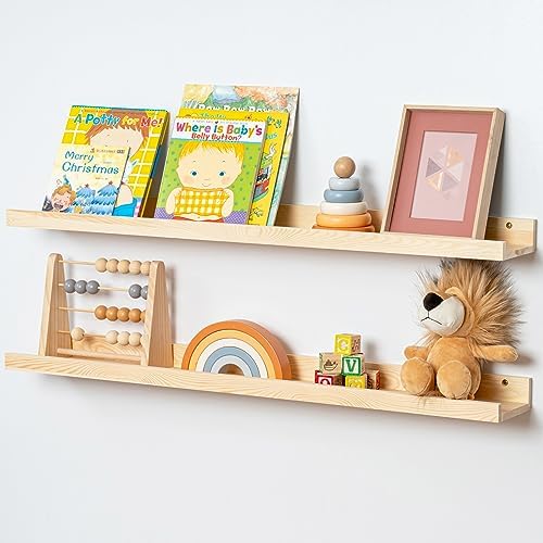 Picture Ledge Shelf for Wall, 36 inch Solid Pine Wood Nursery Book Shelves 2 Packs, Floating Ledge Shelves for Kids' Room Bedroom Bathroom Living Room Photo Frames Office Nursey Wall Decor, Natural